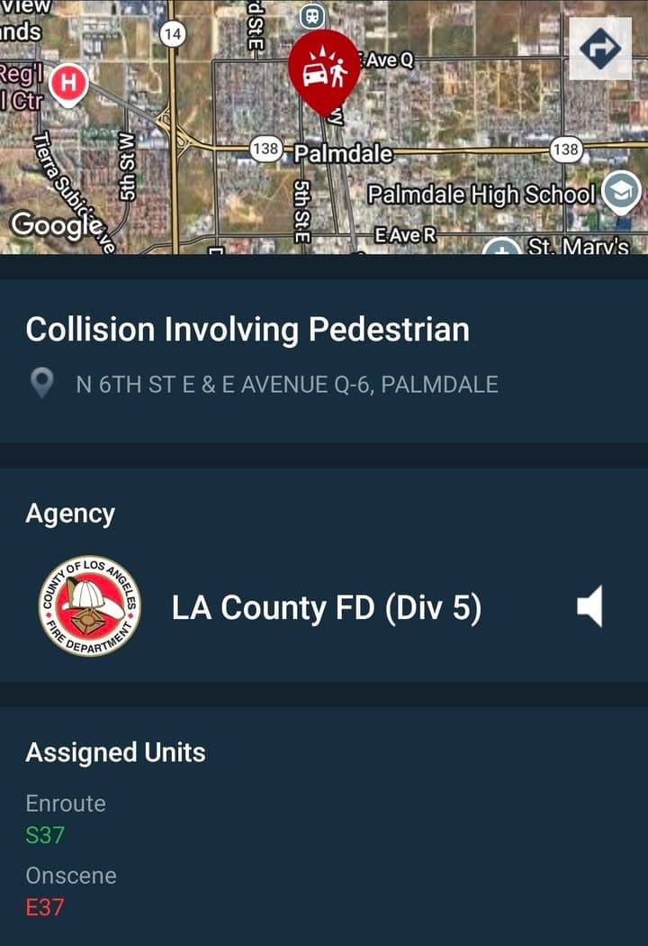 480/902R · 6th Street East and Avenue Q-6 · vehicle vs pedestrian, vehicle fled scene · sheriff and FD enroute code 3