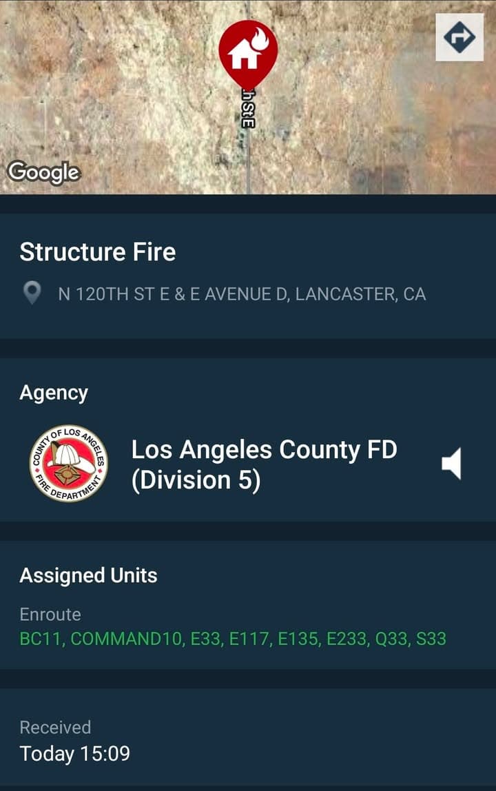 904S · 120th Street East and Avenue D · reported structure on fire · sheriff and FD enroute code 3