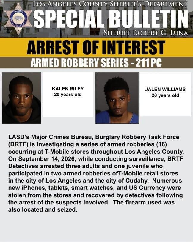 Detectives from the Los Angeles County Sheriff Department’s (LASD) Major Crimes Bureau (MCB) were investigating a robbery crew involved in over (15) armed robberies throughout Los…