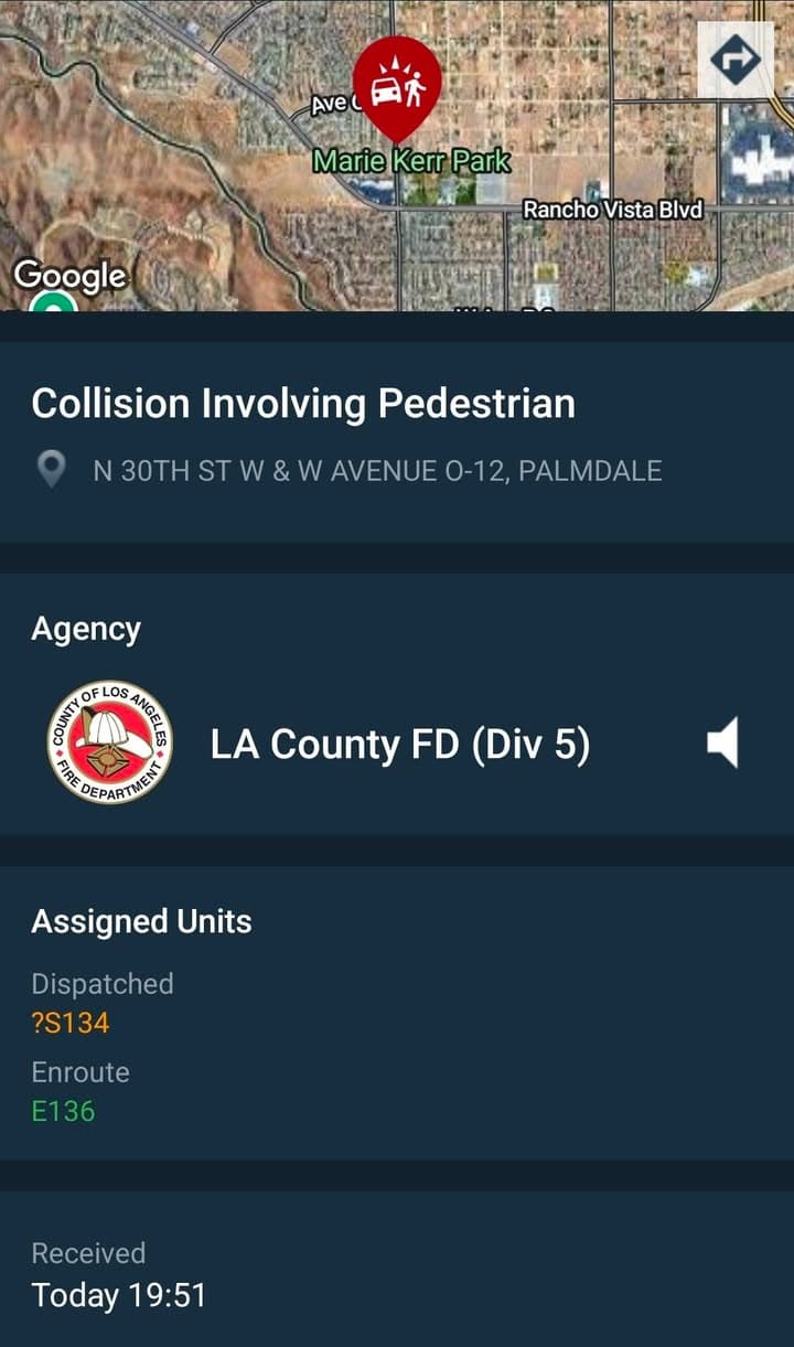902T/902R/914C · 30th Street West and Avenue O-12 · vehicle vs pedestrian, brown Toyota Prius hit male black adult · sheriff, CHP, and FD enroute code 3