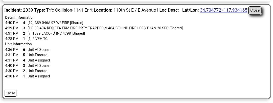 11-79 · Avenue I and 110th Street East · two vehicle collision · CHP and FD enroute code 3.