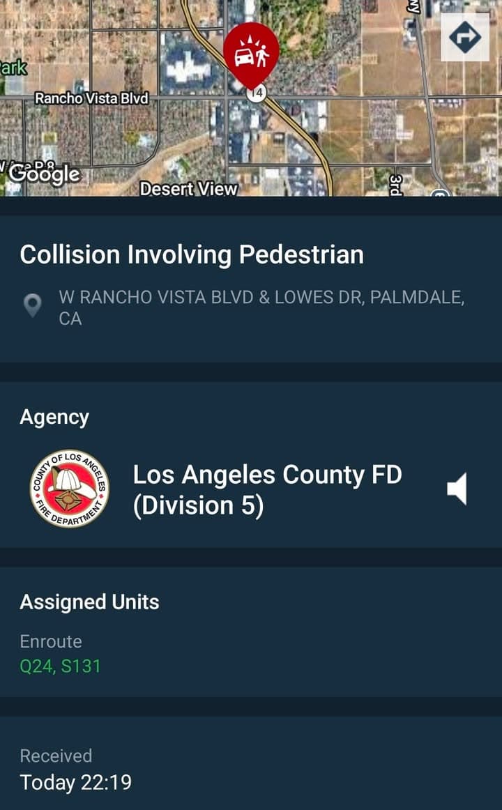 902T/902R · Lowes Drive and Rancho Vista · vehicle vs pedestrian, vehicle remained on scene · sheriff and FD enroute code 3
