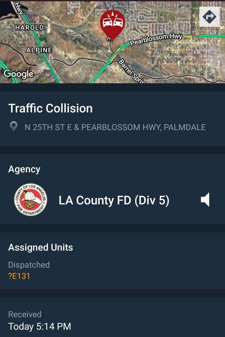 902T/902R · 25th Street East and Pearblossom Highway · vehicle into pole, caller states driver slumped over · sheriff and FD enroute code 3
