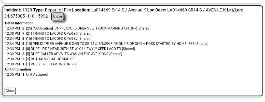 904B · 14 Freeway and Avenue K · caller states large brush fire next to freeway · sheriff CHP and FD enroute code 3