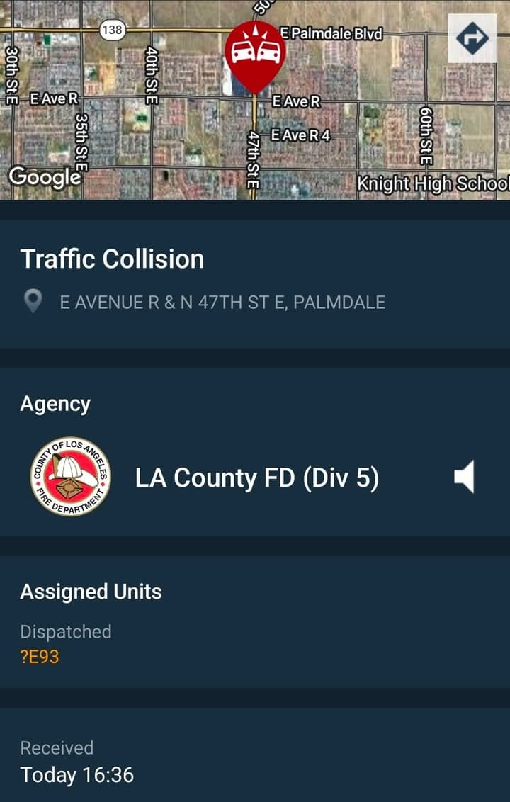 902T/902R · 47th Street East and Avenue R · two vehicle collision with injuries · sheriff and FD enroute code 3