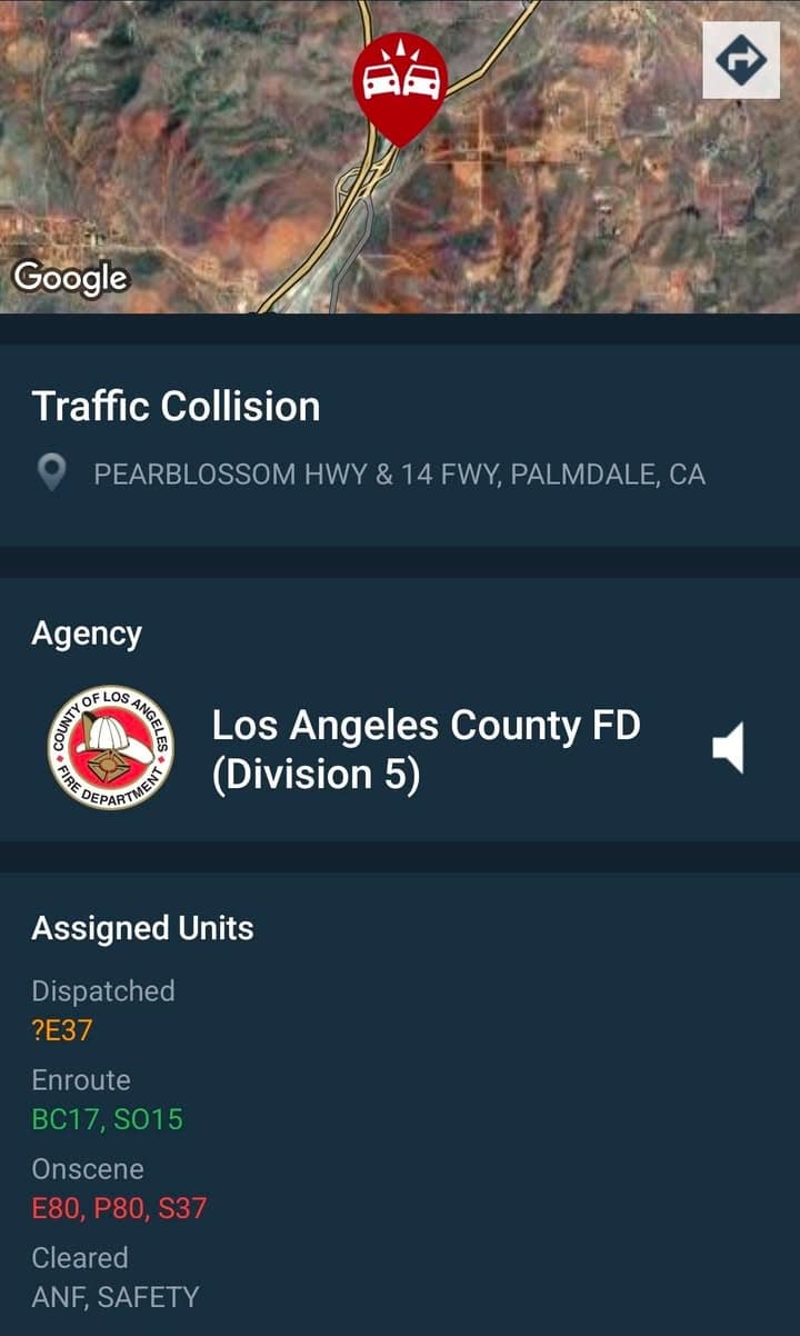 11-83 · Engine 80 involved in collision · Sierra Highway and Pearblossom Highway · unknown if injuries · CHP and additional FD resources enroute code 3