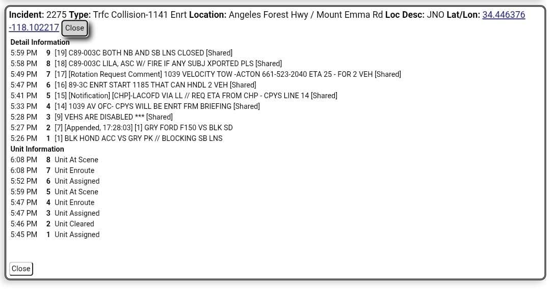 11-79 · Angeles Forest and Mt Emma · black Honda Accord vs green pickup truck, blocking lanes · CHP and FD enroute code 3