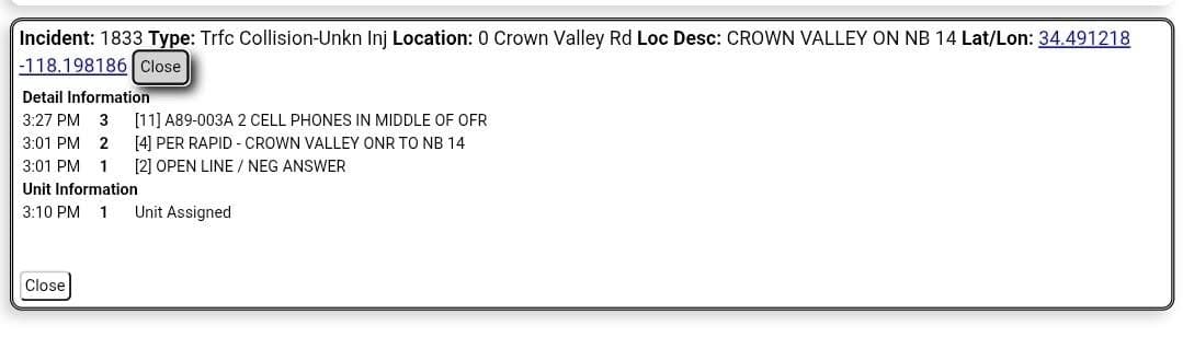 11-83 · northbound 14 and Crown Valley Road · phone crash notification, open line no response · CHP enroute