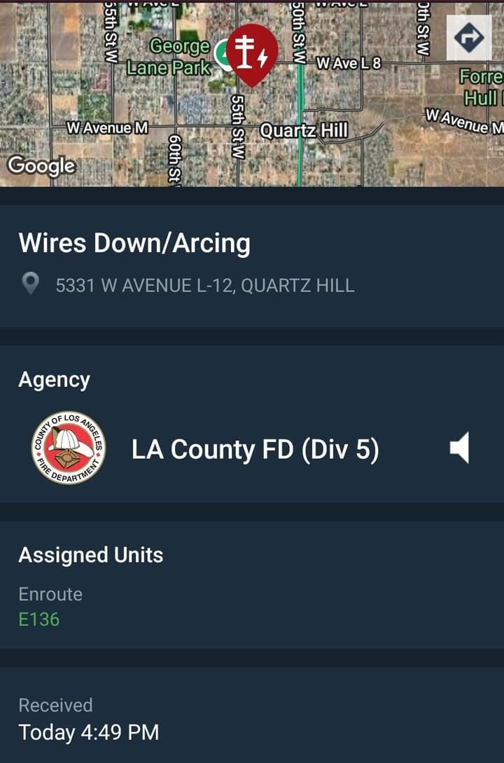 Report of wires down in the 5300 Block of West Avenue L-13.