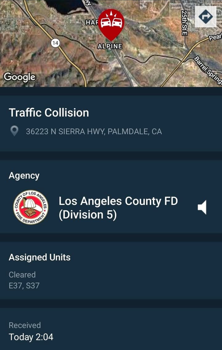 902T/902R · Sierra Highway and Sierra Hills Lane · silver Honda sedan vs telephone pole · Sheriff, CHP, and FD enroute code 3