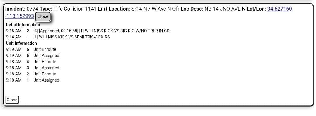 11-79 · northbound 14 at Avenue N · white Nissan Kicks vs semi truck · Nissan driver requesting FD, bleeding from face · CHP and FD enroute code 3
