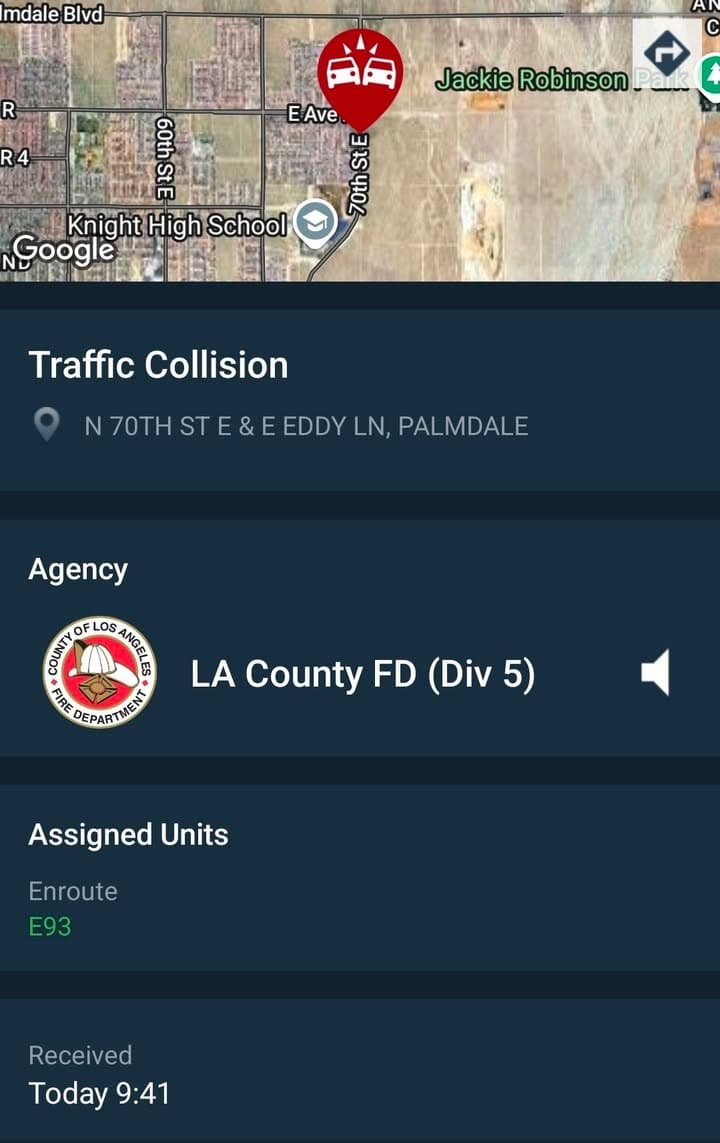 902T/902R · 70th Street East and Avenue R (Eddy Ln) · two vehicle collision, unknown if injuries · sheriff and FD enroute code 3