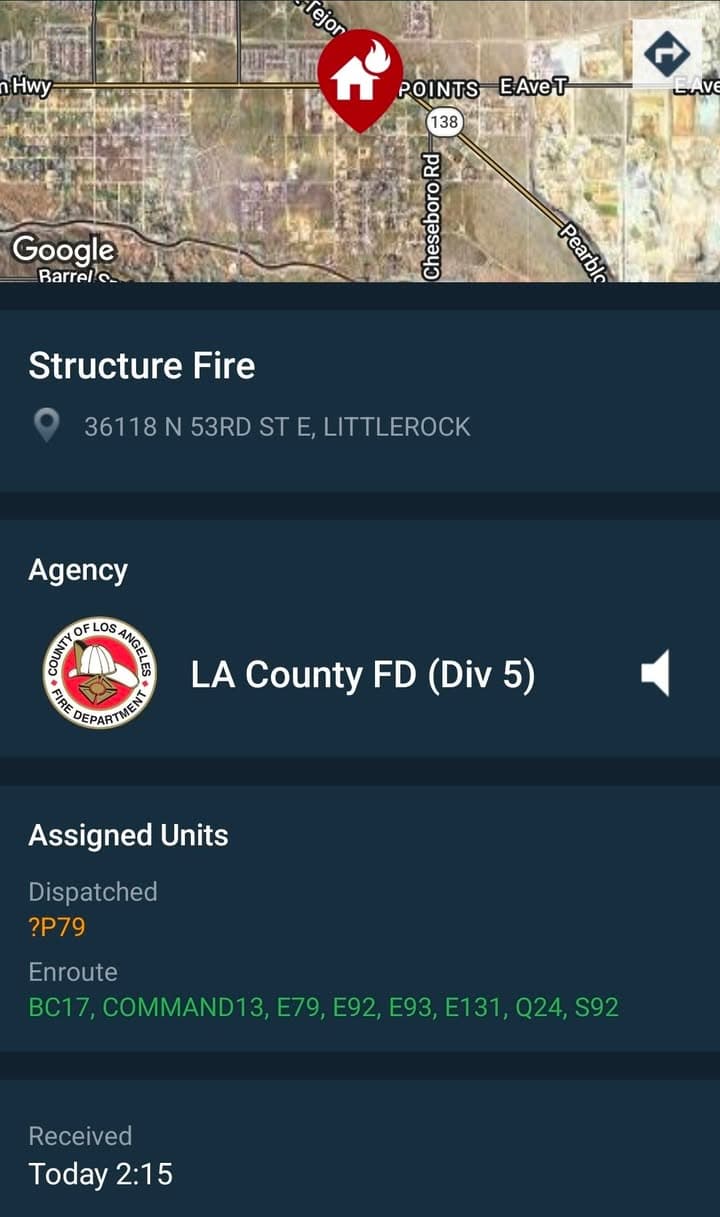 904S Β· 53rd Street East and Avenue T-4 Β· reported house on fire Β· sheriff and FD enroute code 3
