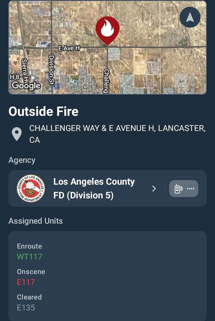Reported vehicle fire on Avenue H and Challenger Way · FD enroute code 3