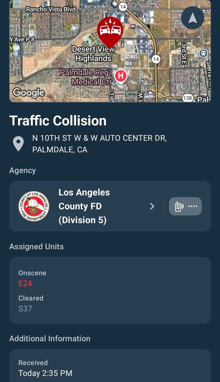 902T/902R · 10th Street West and Auto Center Dr · two vehicle collision · sheriff and FD enroute code 3