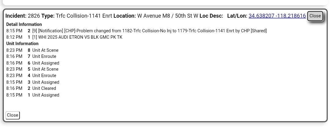 11-79 · Avenue M-8 and 50th Street West · white Audi vs black GMC pickup, airbags deployed · CHP and FD enroute code 3