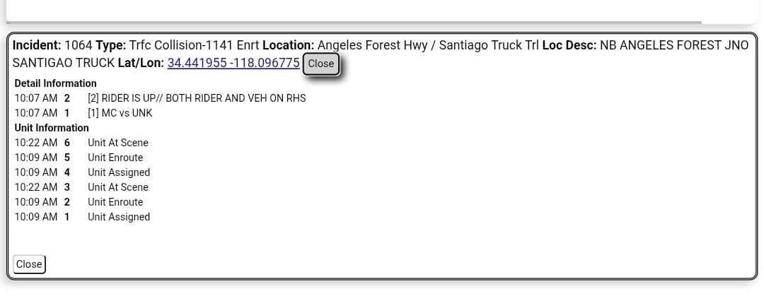 11-79 · Angeles Forest and Santiago Truck Trail · motorcycle vs vehicle, ride up and walking · CHP and FD enroute code 3