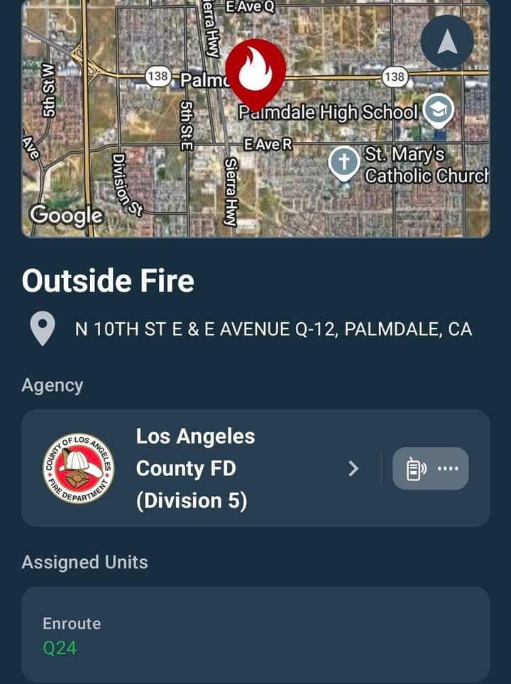 904 · 10th Street East and Avenue Q-12 · caller states two female black adults are setting clothes on fire in roundabout · sheriff and FD enroute code 3