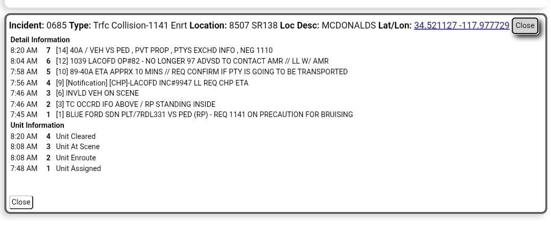 11-79 · 8507 Pearblossom Highway at McDonald's · vehicle vs pedestrian, vehicle remained on scene · CHP and FD enroute code 3