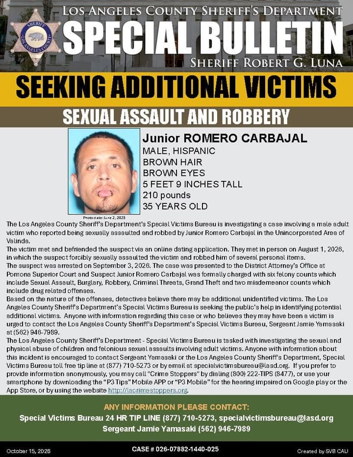 #LASD Special Victims Bureau - Attempt to Locate Sexual Assault Suspect Junior Romero Carbajal #Valinda