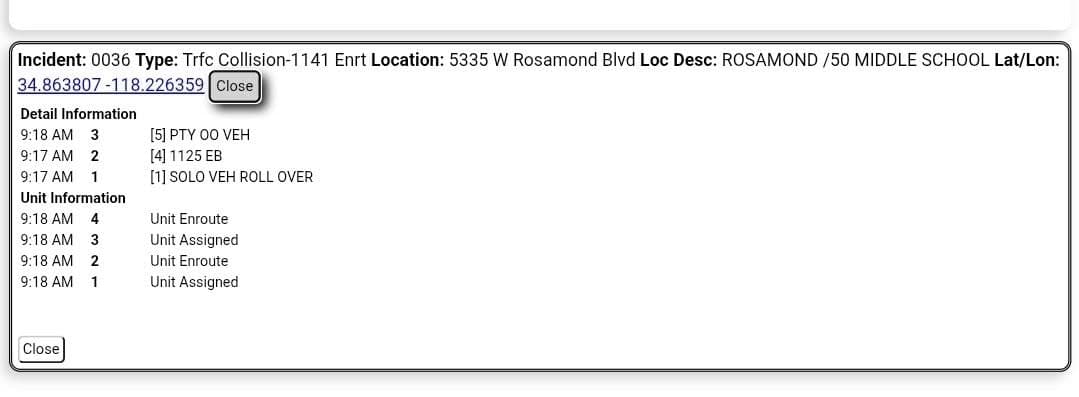 11-79 · Rosamond Blvd and 53rd Street West · solo vehicle rollover · CHP and FD enroute code 3