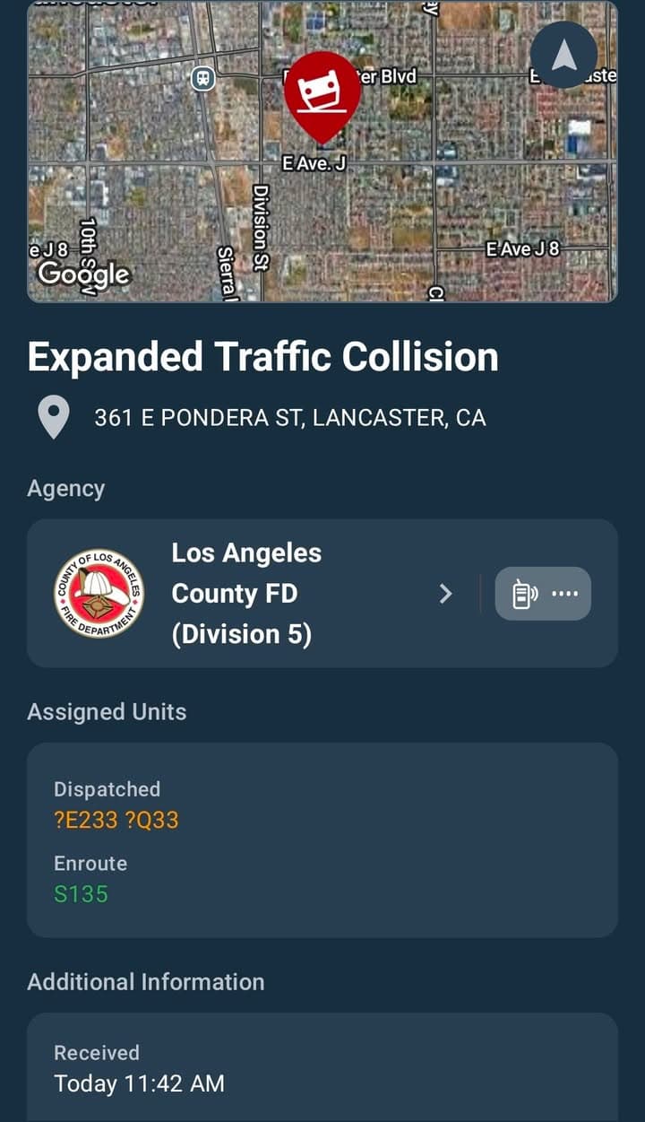 901T/904A · 5th Street East and Avenue J (Pondera) · caller states 4 vehicle collision, one on fire · LPD and FD enroute code 3