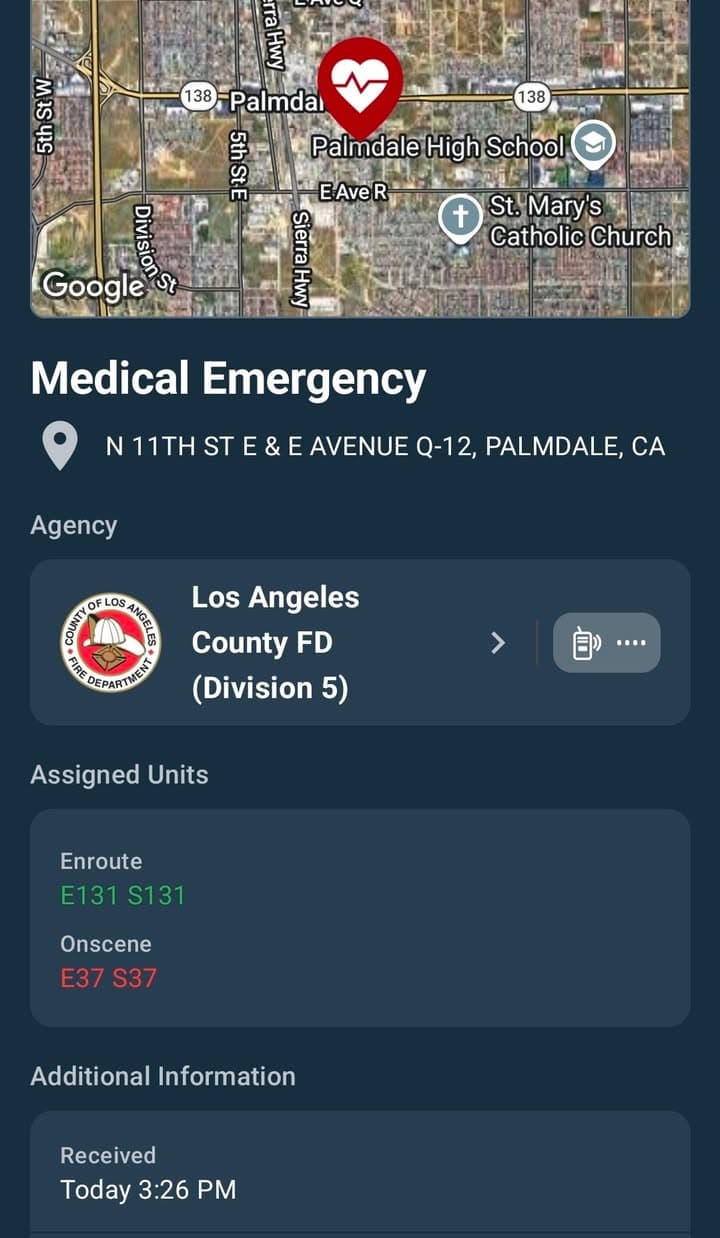 902R · 11th Street East and Avenue Q-12 · 1 year old not breathing · sheriff and FD enroute code 3