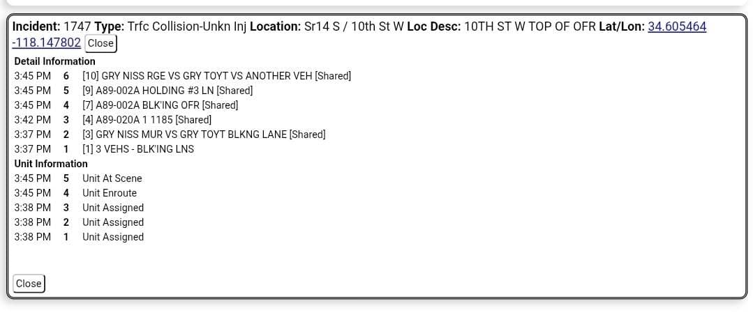 11-83 · Southbound 14 at 10th Street West offramp · three vehicle collision · gray Nissan Rougue vs gray Toyota vs unknown type vehicle · CHP enroute code 3