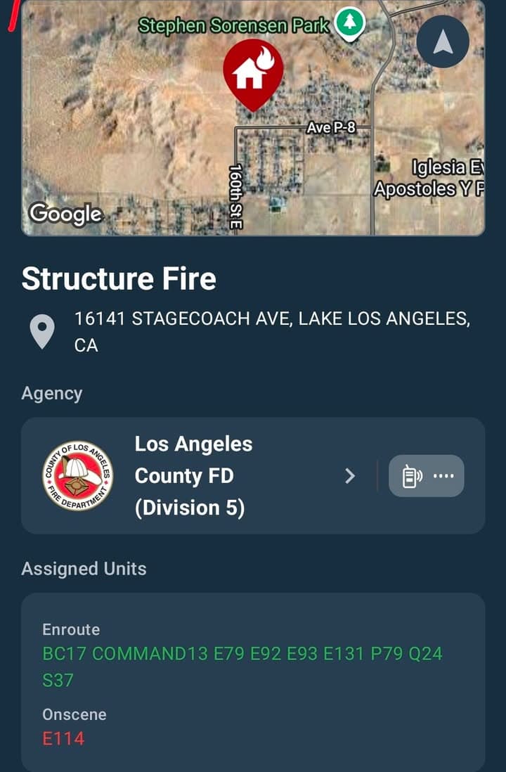 904S · Avenue P-8 and 160th Street East (Stagecoach) · reported structure on fire · FD enroute code 3