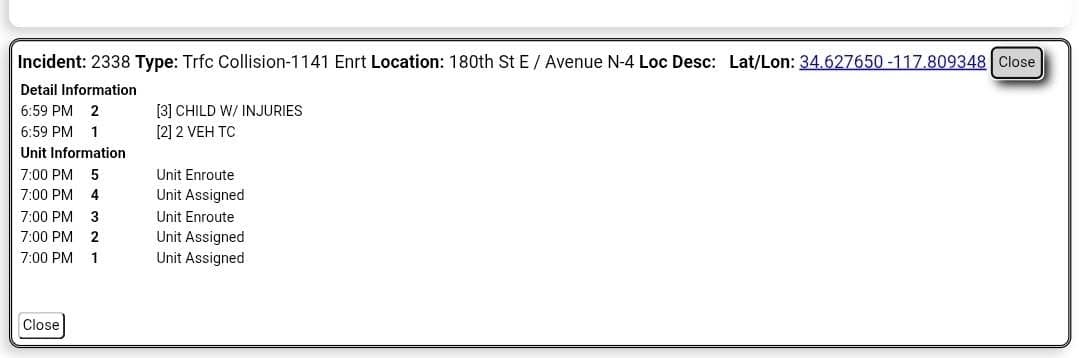 11-79 · 180th Street East and Avenue N-4 · two vehicle collision, one child with injuries · CHP and FD enroute code 3