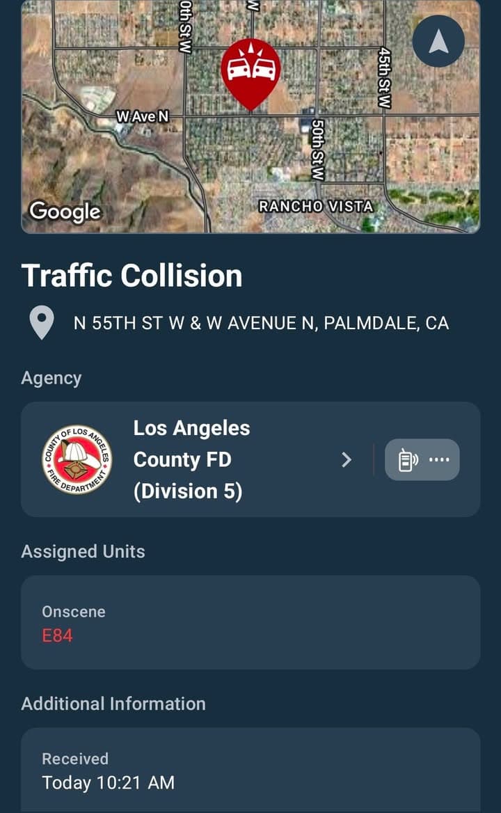 902T/902R · 55th Street West and Avenue N · two vehicle collision · sheriff and FD enroute code 3