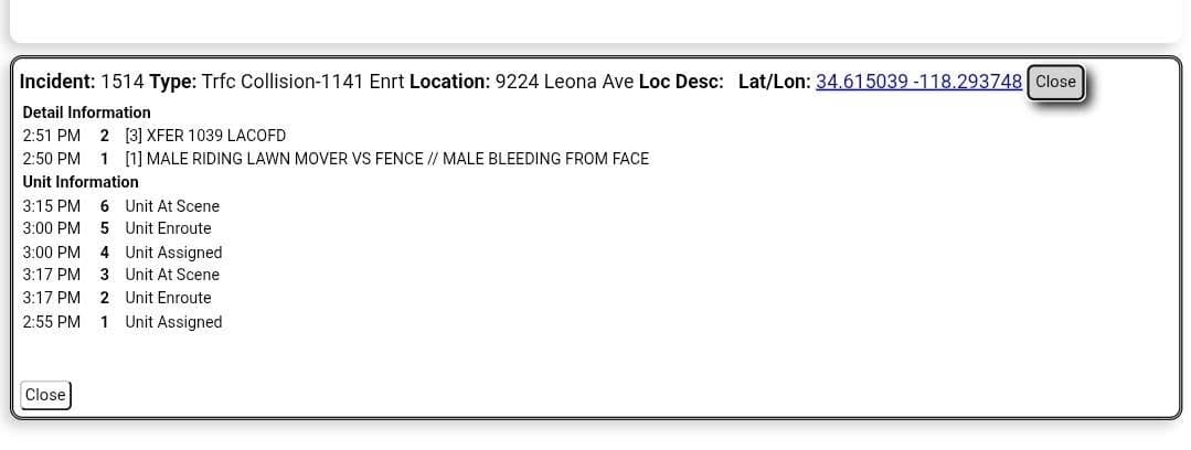 11-79 · 92nd Street West and Leona Avenue · elderly male driving ride on mower vs fence, male bleeding from face · CHP and FD enroute code 3