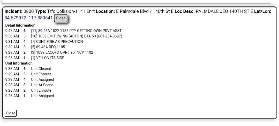 11-79 · Palmdale Blvd and 140th Street East · solo vehicle rollover · CHP and FD enroute code 3