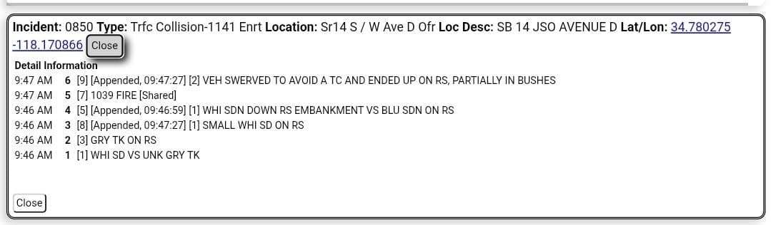 11-79 · southbound 14 at Avenue D · two vehicle collision, white sedan vs gray truck · CHP and FD enroute code 3