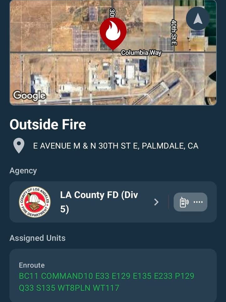 904B · 30th Street East and Avenue M · fire in desert · sheriff and FD enroute code 3