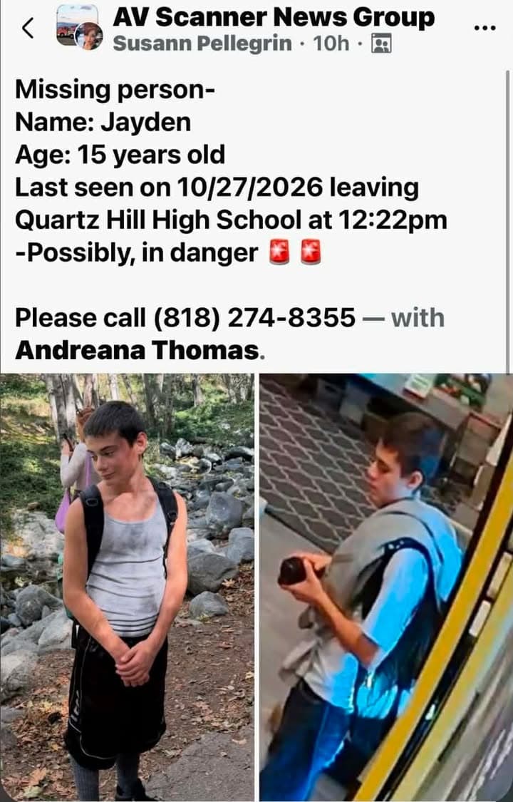 Jayden, went missing on Tuesday. He is 5 feet 4 inches tall and weighs 110 pounds. According to the principal, he was last seen walking home from school at 12:22 PM.