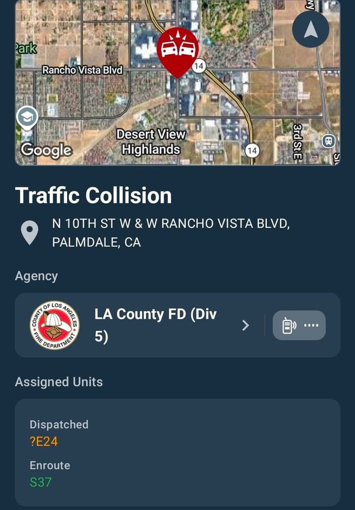 902T/902R · 10th Street West and Rancho Vista Blvd · two vehicle collision, blocking traffic · sheriff and FD enroute code 3